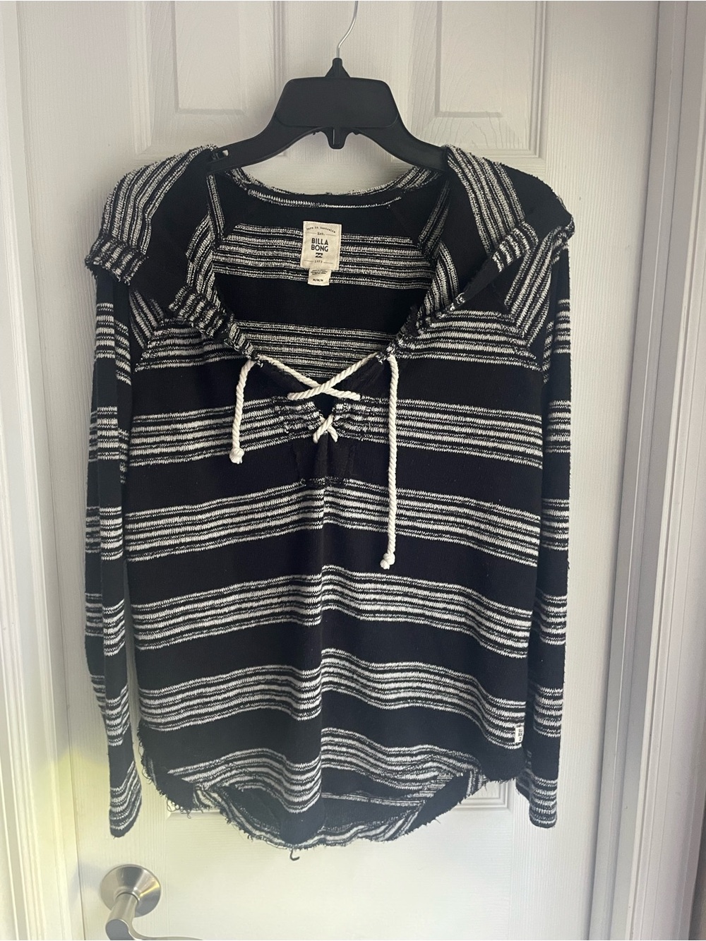 Billabong Black and White Striped Hooded Pullover with Lace-Up Neck